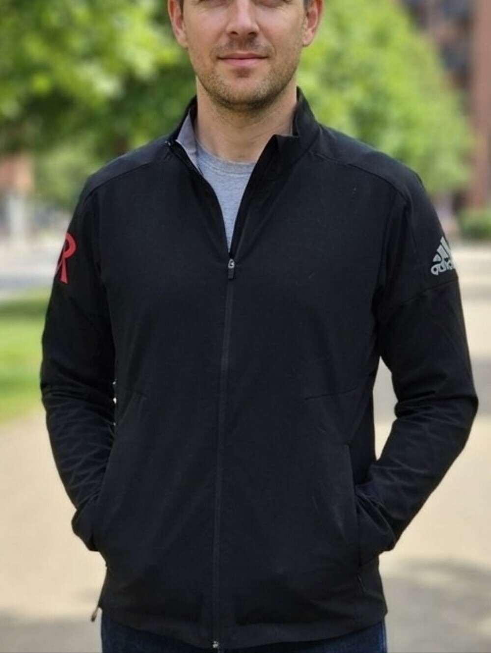 Adidas Men’s Black Athletic Zip-Up Jacket with Custom Red Logo – Size Medium